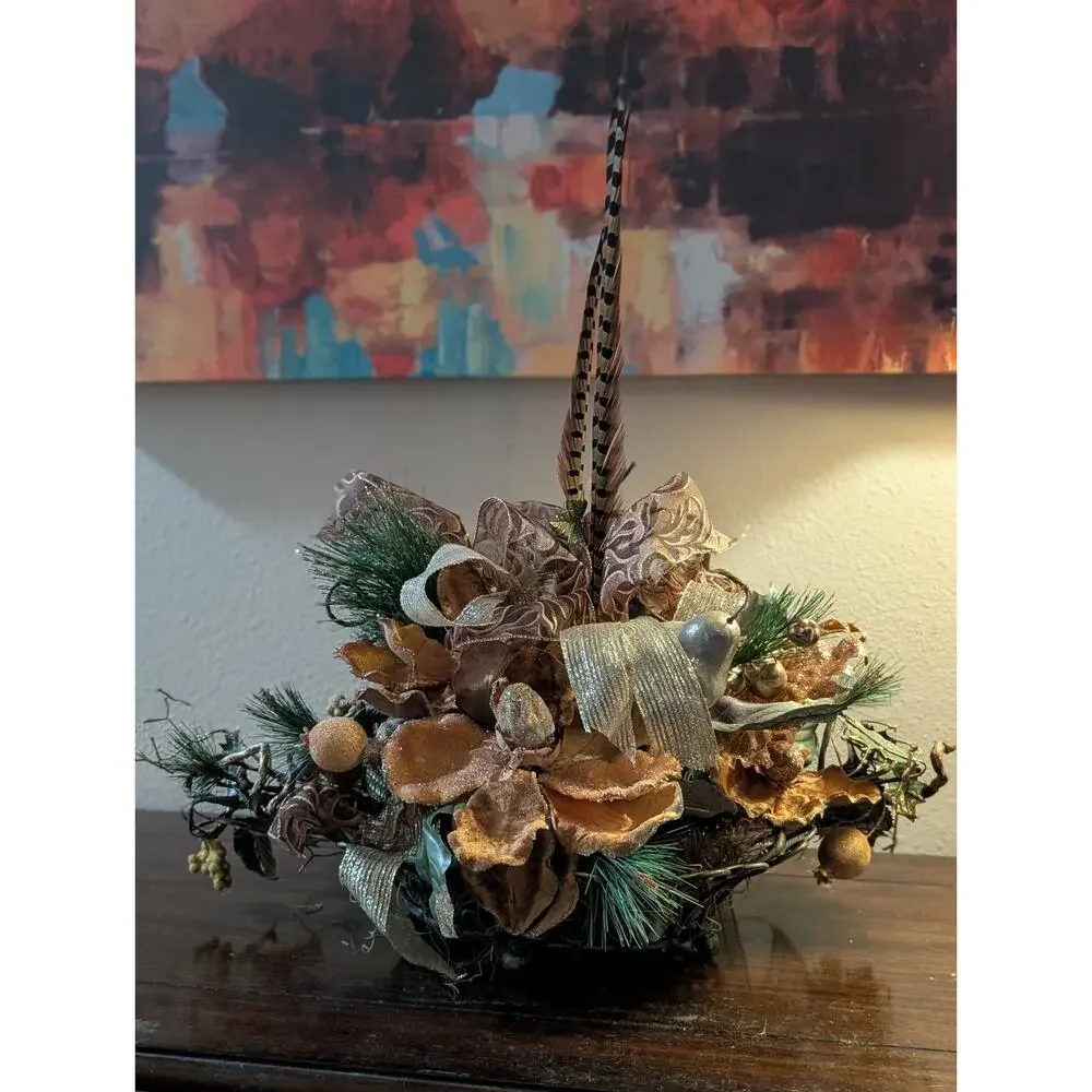 Rust Tan Gold Floral Autumn Fall Thanksgiving Centerpiece Pheasant Feathers